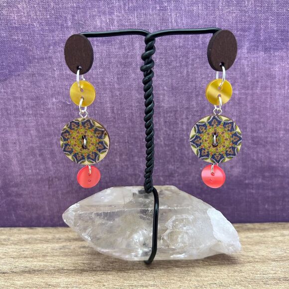 Upcycled Wooden Button Earring-Handmade-Hypoallergenic-Reclaimed Jewelry, Boho - Picture 1 of 7